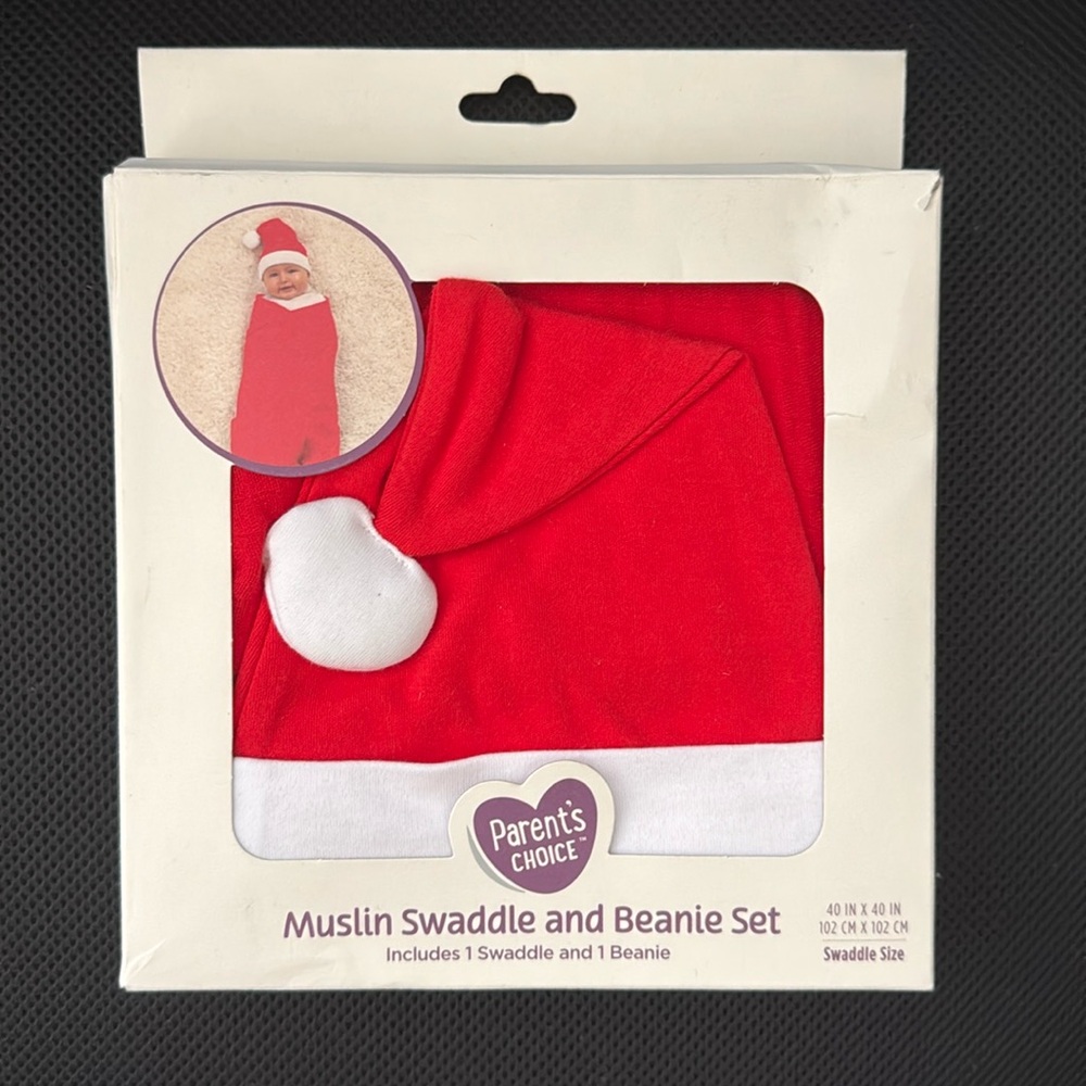 Parents Choice Muslin Swaddle and Beanie Cotton Santa Newborn Set